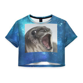 Женская футболка Cropp-top с принтом Тюлень в Петрозаводске, 100% полиэстер | круглая горловина, длина футболки до линии талии, рукава с отворотами | животное | забавный | мем | тюлень | я