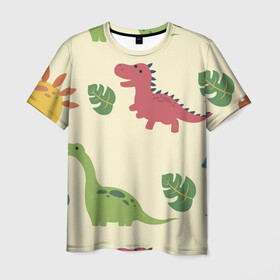 Мужская футболка 3D с принтом Динозаврики в Петрозаводске, 100% полиэфир | прямой крой, круглый вырез горловины, длина до линии бедер | dinosaurs | динозавр | динозавры | животные | игрушки | мульт динозавры | мультяшки динозавры | тиранозавр