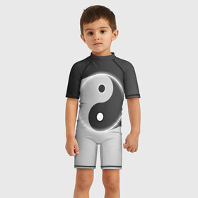 Детский купальный костюм 3D с принтом Инь   янь (с двух сторон) в Петрозаводске, Полиэстер 85%, Спандекс 15% | застежка на молнии на спине | black | signs | white. | ying   yang | белый | знаки | инь   янь | чёрный