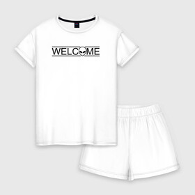 Женская пижама с шортиками хлопок с принтом Welcome UFO в Петрозаводске, 100% хлопок | футболка прямого кроя, шорты свободные с широкой мягкой резинкой | 