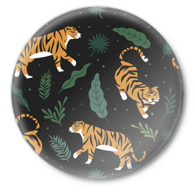Значок с принтом Тропический тигр в Петрозаводске,  металл | круглая форма, металлическая застежка в виде булавки | Тематика изображения на принте: tiger | гепард | дикие кошки | животные | кот | кошки | пантера | тигр | тигры