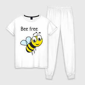 Женская пижама хлопок с принтом Bee free в Петрозаводске, 100% хлопок | брюки и футболка прямого кроя, без карманов, на брюках мягкая резинка на поясе и по низу штанин | azmart | bee free