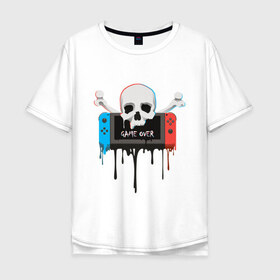 Мужская футболка хлопок Oversize с принтом Game Over в Петрозаводске, 100% хлопок | свободный крой, круглый ворот, “спинка” длиннее передней части | console | game | game over | nintendo | skull | switch | глюк | игра | консоль | кости | нинтендо | свитч | череп