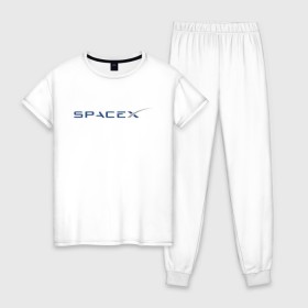 Женская пижама хлопок с принтом SPACEX - ИЛОН МАСК. в Петрозаводске, 100% хлопок | брюки и футболка прямого кроя, без карманов, на брюках мягкая резинка на поясе и по низу штанин | elon musk | spacex | американский предприниматель | изобретатель | илон маск | инвестор | инженер