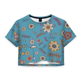 Женская футболка Cropp-top с принтом Цветочный рай в Петрозаводске, 100% полиэстер | круглая горловина, длина футболки до линии талии, рукава с отворотами | 