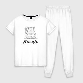 Женская пижама хлопок с принтом Namaste в Петрозаводске, 100% хлопок | брюки и футболка прямого кроя, без карманов, на брюках мягкая резинка на поясе и по низу штанин | веселое | животные | йога | прикол | смешное | спорт
