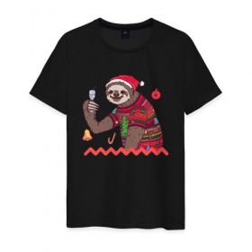 Мужская футболка хлопок с принтом Рождественский Ленивец в Петрозаводске, 100% хлопок | прямой крой, круглый вырез горловины, длина до линии бедер, слегка спущенное плечо. | 