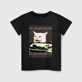 Детская футболка хлопок с принтом Woman yelling at Cat meme в Петрозаводске, 100% хлопок | круглый вырез горловины, полуприлегающий силуэт, длина до линии бедер | девушка кричит на кота | кот за столом | кот за столом мем | кричат на кота | кричат на кота мем | мем кот за столом | мем кричат на кота