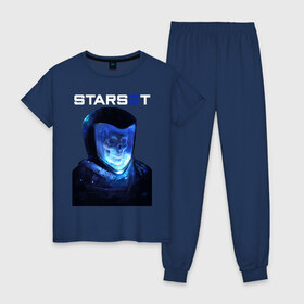 Женская пижама хлопок с принтом Starset в Петрозаводске, 100% хлопок | брюки и футболка прямого кроя, без карманов, на брюках мягкая резинка на поясе и по низу штанин | astronaut | logo | rock | skull | space | starset | космонавт | космос | лого | рок | старсет | череп