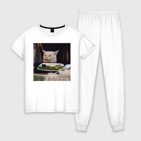 Женская пижама хлопок с принтом мемная картинка с котом в Петрозаводске, 100% хлопок | брюки и футболка прямого кроя, без карманов, на брюках мягкая резинка на поясе и по низу штанин | кот | котэ | кошка | мем | прикол | фотография
