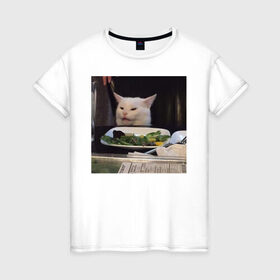 Женская футболка хлопок с принтом мемная картинка с котом в Петрозаводске, 100% хлопок | прямой крой, круглый вырез горловины, длина до линии бедер, слегка спущенное плечо | кот | котэ | кошка | мем | прикол | фотография