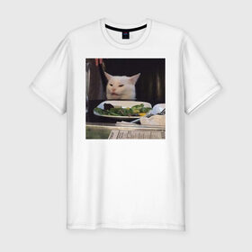 Мужская футболка премиум с принтом мемная картинка с котом в Петрозаводске, 92% хлопок, 8% лайкра | приталенный силуэт, круглый вырез ворота, длина до линии бедра, короткий рукав | кот | котэ | кошка | мем | прикол | фотография