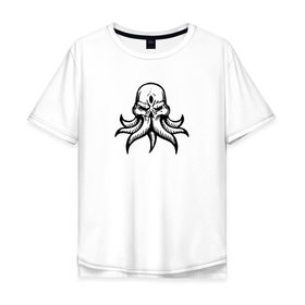 Мужская футболка хлопок Oversize с принтом Ктулху в Петрозаводске, 100% хлопок | свободный крой, круглый ворот, “спинка” длиннее передней части | ктулху | минимализм | тьма | череп
