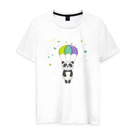 Мужская футболка хлопок с принтом Панда на парашюте в Петрозаводске, 100% хлопок | прямой крой, круглый вырез горловины, длина до линии бедер, слегка спущенное плечо. | панда | панда на парашюте | рисунок | сердечки