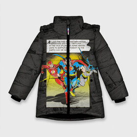 Зимняя куртка для девочек 3D с принтом Flash Batman Superman в Петрозаводске, ткань верха — 100% полиэстер; подклад — 100% полиэстер, утеплитель — 100% полиэстер. | длина ниже бедра, удлиненная спинка, воротник стойка и отстегивающийся капюшон. Есть боковые карманы с листочкой на кнопках, утяжки по низу изделия и внутренний карман на молнии. 

Предусмотрены светоотражающий принт на спинке, радужный светоотражающий элемент на пуллере молнии и на резинке для утяжки. | batman | bruce wayne | dc comics | flash | justice league | superhero | superman | бэтмен | лига справедливости | супермен | флэш