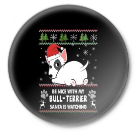 Значок с принтом Santa bull Terrier в Петрозаводске,  металл | круглая форма, металлическая застежка в виде булавки | Тематика изображения на принте: 