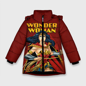 Зимняя куртка для девочек 3D с принтом Wonder Woman в Петрозаводске, ткань верха — 100% полиэстер; подклад — 100% полиэстер, утеплитель — 100% полиэстер. | длина ниже бедра, удлиненная спинка, воротник стойка и отстегивающийся капюшон. Есть боковые карманы с листочкой на кнопках, утяжки по низу изделия и внутренний карман на молнии. 

Предусмотрены светоотражающий принт на спинке, радужный светоотражающий элемент на пуллере молнии и на резинке для утяжки. | dc comics | justice league | shtatjl | superhero | wonder woman | лига справедливости | чудо женщина