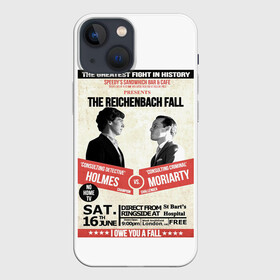 Чехол для iPhone 13 mini с принтом The reichenbach fall в Петрозаводске,  |  | Тематика изображения на принте: 221b | bbc | benedict cumberbatch | john watson | mark gatiss | martin freeman | sherlock holmes | steven moffat | бейкер | джон ватсон | мориарти | стрит | шерлок