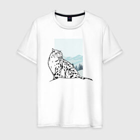 Мужская футболка хлопок с принтом Снежный Леопард в Петрозаводске, 100% хлопок | прямой крой, круглый вырез горловины, длина до линии бедер, слегка спущенное плечо. | Тематика изображения на принте: leopard | snow | winter | зима | леопард | снег | снежный