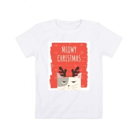 Детская футболка хлопок с принтом MEOWY CHRISTMAS в Петрозаводске, 100% хлопок | круглый вырез горловины, полуприлегающий силуэт, длина до линии бедер | животные | кот | кошки | новый год | праздник | прикол | рождество | смешное