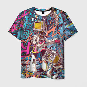 Мужская футболка 3D с принтом Space Hardrock Machine в Петрозаводске, 100% полиэфир | прямой крой, круглый вырез горловины, длина до линии бедер | rock | гитара | космонавт | космос | музыка | робот | рок | хард рок | электроника | электронная музыка