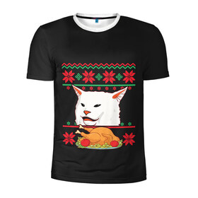 Мужская футболка 3D спортивная с принтом Woman Yelling at Cat в Петрозаводске, 100% полиэстер с улучшенными характеристиками | приталенный силуэт, круглая горловина, широкие плечи, сужается к линии бедра | Тематика изображения на принте: cat | cats | christmas | mem | meme | memes | new year | xmas | вязаный | женщина | кот | кричит | мем | мемы | на кота | новый год | рождество | свитер