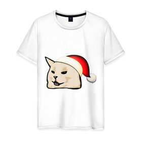 Мужская футболка хлопок с принтом woman yelling at cat в Петрозаводске, 100% хлопок | прямой крой, круглый вырез горловины, длина до линии бедер, слегка спущенное плечо. | happy new year | mem | woman yelling at cat | женщина кричит на кота | мем | новый год