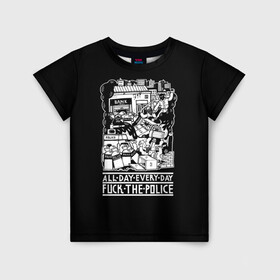 Детская футболка 3D с принтом Fuck the police в Петрозаводске, 100% гипоаллергенный полиэфир | прямой крой, круглый вырез горловины, длина до линии бедер, чуть спущенное плечо, ткань немного тянется | Тематика изображения на принте: hooligan | police | протест