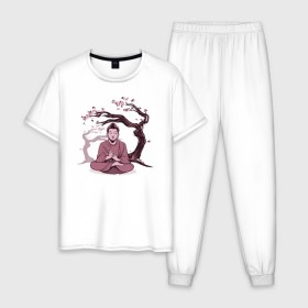 Мужская пижама хлопок с принтом Будда Сакура в Петрозаводске, 100% хлопок | брюки и футболка прямого кроя, без карманов, на брюках мягкая резинка на поясе и по низу штанин
 | buddha | medidate | medidation | sakura | yoga | буда | будда | йога | медитация | сакура | япония