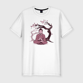 Мужская футболка хлопок Slim с принтом Будда Сакура в Петрозаводске, 92% хлопок, 8% лайкра | приталенный силуэт, круглый вырез ворота, длина до линии бедра, короткий рукав | buddha | medidate | medidation | sakura | yoga | буда | будда | йога | медитация | сакура | япония