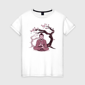 Женская футболка хлопок с принтом Будда Сакура в Петрозаводске, 100% хлопок | прямой крой, круглый вырез горловины, длина до линии бедер, слегка спущенное плечо | buddha | medidate | medidation | sakura | yoga | буда | будда | йога | медитация | сакура | япония