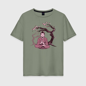 Женская футболка хлопок Oversize с принтом Будда Сакура в Петрозаводске, 100% хлопок | свободный крой, круглый ворот, спущенный рукав, длина до линии бедер
 | buddha | medidate | medidation | sakura | yoga | буда | будда | йога | медитация | сакура | япония