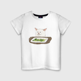 Детская футболка хлопок с принтом Woman Yelling At Cat Meme в Петрозаводске, 100% хлопок | круглый вырез горловины, полуприлегающий силуэт, длина до линии бедер | cat | cat meme | женщина кричит на кота | интернет | кот | кот мем | котейка | котенок | кошак | мем | приколы