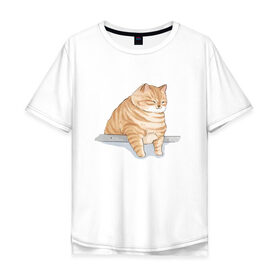 Мужская футболка хлопок Oversize с принтом Толстый Кот в Петрозаводске, 100% хлопок | свободный крой, круглый ворот, “спинка” длиннее передней части | Тематика изображения на принте: cat | cat meme | интернет | кот | кот кусь | кот мем | котейка | котенок | кошак | мем | мем с котом | мемы с котиками | приколы | удивленный кот мем