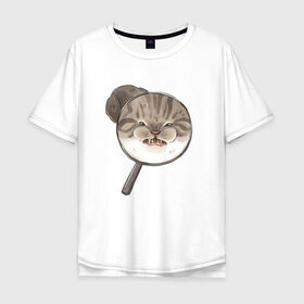 Мужская футболка хлопок Oversize с принтом Злой Кот в Петрозаводске, 100% хлопок | свободный крой, круглый ворот, “спинка” длиннее передней части | cat | cat meme | интернет | кот | кот кусь | кот мем | котейка | котенок | кошак | мем | мем с котом | мемы с котиками | приколы | удивленный кот мем