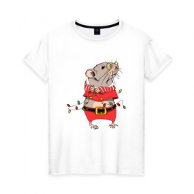 Женская футболка хлопок с принтом Новогодняя мышка с гирляндой в Петрозаводске, 100% хлопок | прямой крой, круглый вырез горловины, длина до линии бедер, слегка спущенное плечо | 