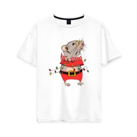 Женская футболка хлопок Oversize с принтом Новогодняя мышка с гирляндой в Петрозаводске, 100% хлопок | свободный крой, круглый ворот, спущенный рукав, длина до линии бедер
 | 