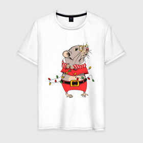 Мужская футболка хлопок с принтом Новогодняя мышка с гирляндой в Петрозаводске, 100% хлопок | прямой крой, круглый вырез горловины, длина до линии бедер, слегка спущенное плечо. | Тематика изображения на принте: 