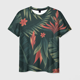 Мужская футболка 3D с принтом Тропический комуфляж в Петрозаводске, 100% полиэфир | прямой крой, круглый вырез горловины, длина до линии бедер | букет | бутон | джунгли | зелёный | красный | лепестки | лепесток | лес | листья | папоротник | синий | тропики | цветок