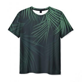 Мужская футболка 3D с принтом Пальмовый узор в Петрозаводске, 100% полиэфир | прямой крой, круглый вырез горловины, длина до линии бедер | джунгли | зелёный | лепестки | лепесток | лес | листья | пальма | пальмы | папоротник | салатовый | тропики | черный