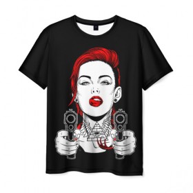 Мужская футболка 3D с принтом Woman is holding a gun в Петрозаводске, 100% полиэфир | прямой крой, круглый вырез горловины, длина до линии бедер | girl | guns | tattoo | woman | девушка | красотка | масоны | оружие | пистолеты | тату | треугольник