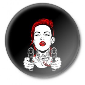 Значок с принтом Woman is holding a gun в Петрозаводске,  металл | круглая форма, металлическая застежка в виде булавки | girl | guns | tattoo | woman | девушка | красотка | масоны | оружие | пистолеты | тату | треугольник