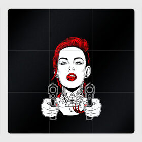 Магнитный плакат 3Х3 с принтом Woman is holding a gun в Петрозаводске, Полимерный материал с магнитным слоем | 9 деталей размером 9*9 см | Тематика изображения на принте: girl | guns | tattoo | woman | девушка | красотка | масоны | оружие | пистолеты | тату | треугольник