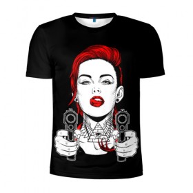 Мужская футболка 3D спортивная с принтом Woman is holding a gun в Петрозаводске, 100% полиэстер с улучшенными характеристиками | приталенный силуэт, круглая горловина, широкие плечи, сужается к линии бедра | girl | guns | tattoo | woman | девушка | красотка | масоны | оружие | пистолеты | тату | треугольник