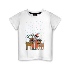 Детская футболка хлопок с принтом THE HATTERS: Дед Мороз не показывает слёз в Петрозаводске, 100% хлопок | круглый вырез горловины, полуприлегающий силуэт, длина до линии бедер | Тематика изображения на принте: hatters | дед мороз | джипси | музыченко | новый год | олень | рождество | рок | ска | снег | снежинки | фолк | шляпники