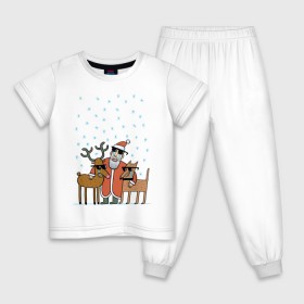 Детская пижама хлопок с принтом THE HATTERS: Дед Мороз не показывает слёз в Петрозаводске, 100% хлопок |  брюки и футболка прямого кроя, без карманов, на брюках мягкая резинка на поясе и по низу штанин
 | Тематика изображения на принте: hatters | дед мороз | джипси | музыченко | новый год | олень | рождество | рок | ска | снег | снежинки | фолк | шляпники