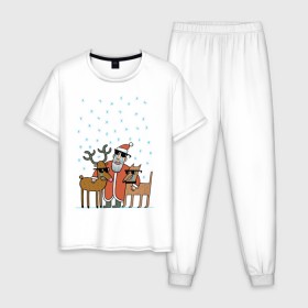 Мужская пижама хлопок с принтом THE HATTERS: Дед Мороз не показывает слёз в Петрозаводске, 100% хлопок | брюки и футболка прямого кроя, без карманов, на брюках мягкая резинка на поясе и по низу штанин
 | hatters | дед мороз | джипси | музыченко | новый год | олень | рождество | рок | ска | снег | снежинки | фолк | шляпники