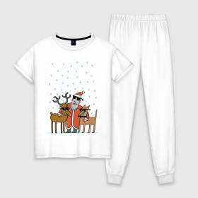 Женская пижама хлопок с принтом THE HATTERS: Дед Мороз не показывает слёз в Петрозаводске, 100% хлопок | брюки и футболка прямого кроя, без карманов, на брюках мягкая резинка на поясе и по низу штанин | hatters | дед мороз | джипси | музыченко | новый год | олень | рождество | рок | ска | снег | снежинки | фолк | шляпники