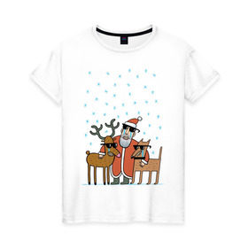 Женская футболка хлопок с принтом THE HATTERS: Дед Мороз не показывает слёз в Петрозаводске, 100% хлопок | прямой крой, круглый вырез горловины, длина до линии бедер, слегка спущенное плечо | hatters | дед мороз | джипси | музыченко | новый год | олень | рождество | рок | ска | снег | снежинки | фолк | шляпники