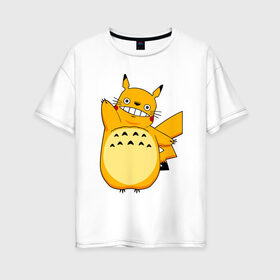 Женская футболка хлопок Oversize с принтом Pika Totoro в Петрозаводске, 100% хлопок | свободный крой, круглый ворот, спущенный рукав, длина до линии бедер
 | forest | friend | ghibli | japan | keeper | miyazaki | nature | neigbor | neighbour | pikachu | pokemon | totoro | анимация | аниме | гибли | друг | животные | лес | любовь | милый | мир | миядзаки | мульт | мультфильм | пика | пикачу | покемон | приключе